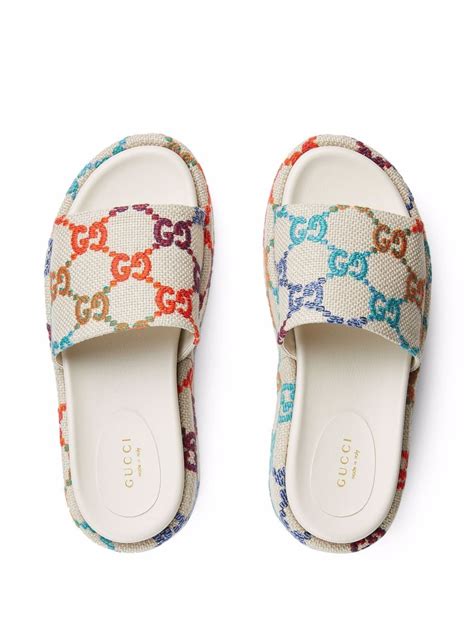 gucci logo-jacquard canvas platform slides|gucci slides with fur women.